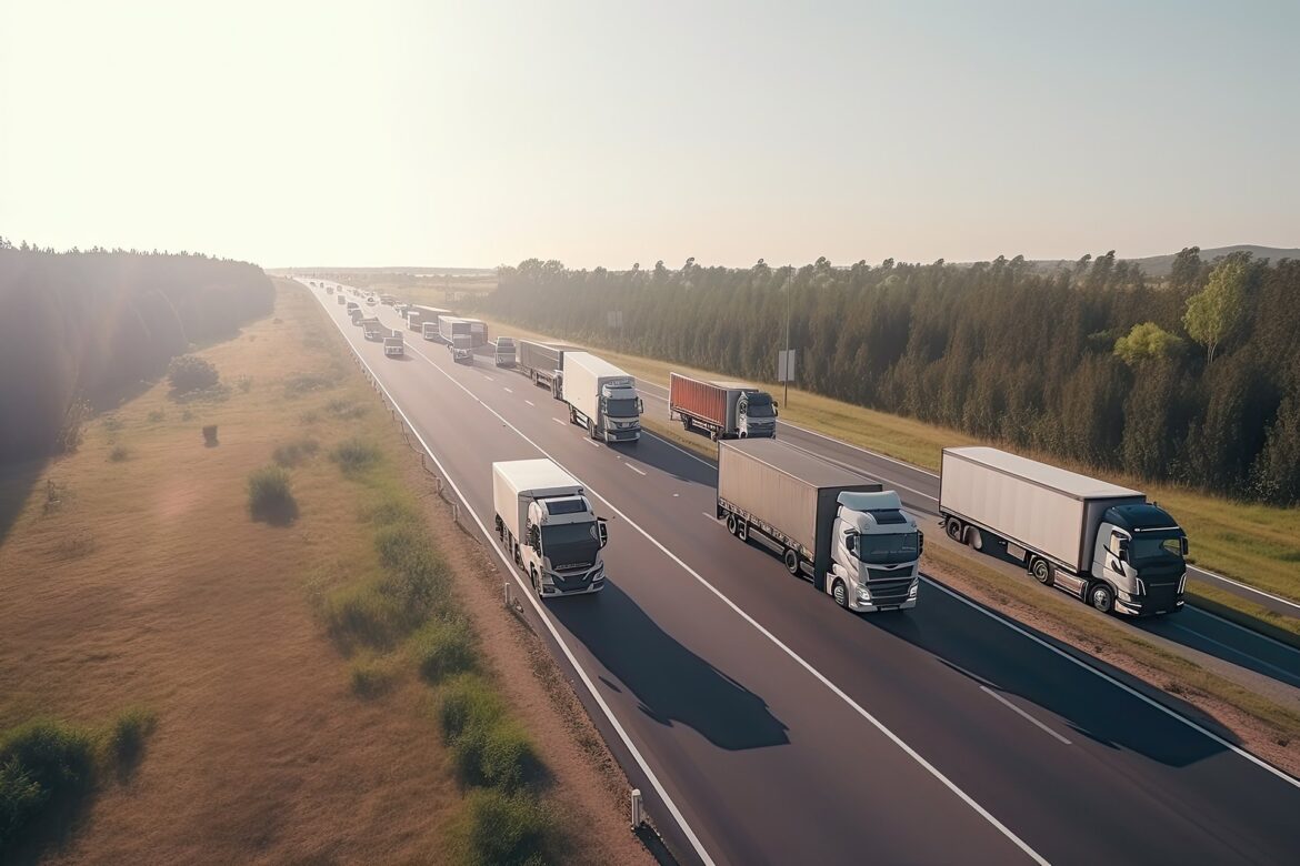 logistics transport trucks driving on a highway. Ai generative