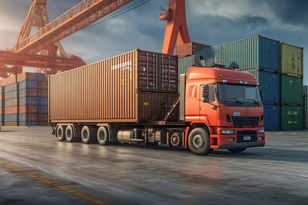 Container truck in ship port , Ai Generated Image