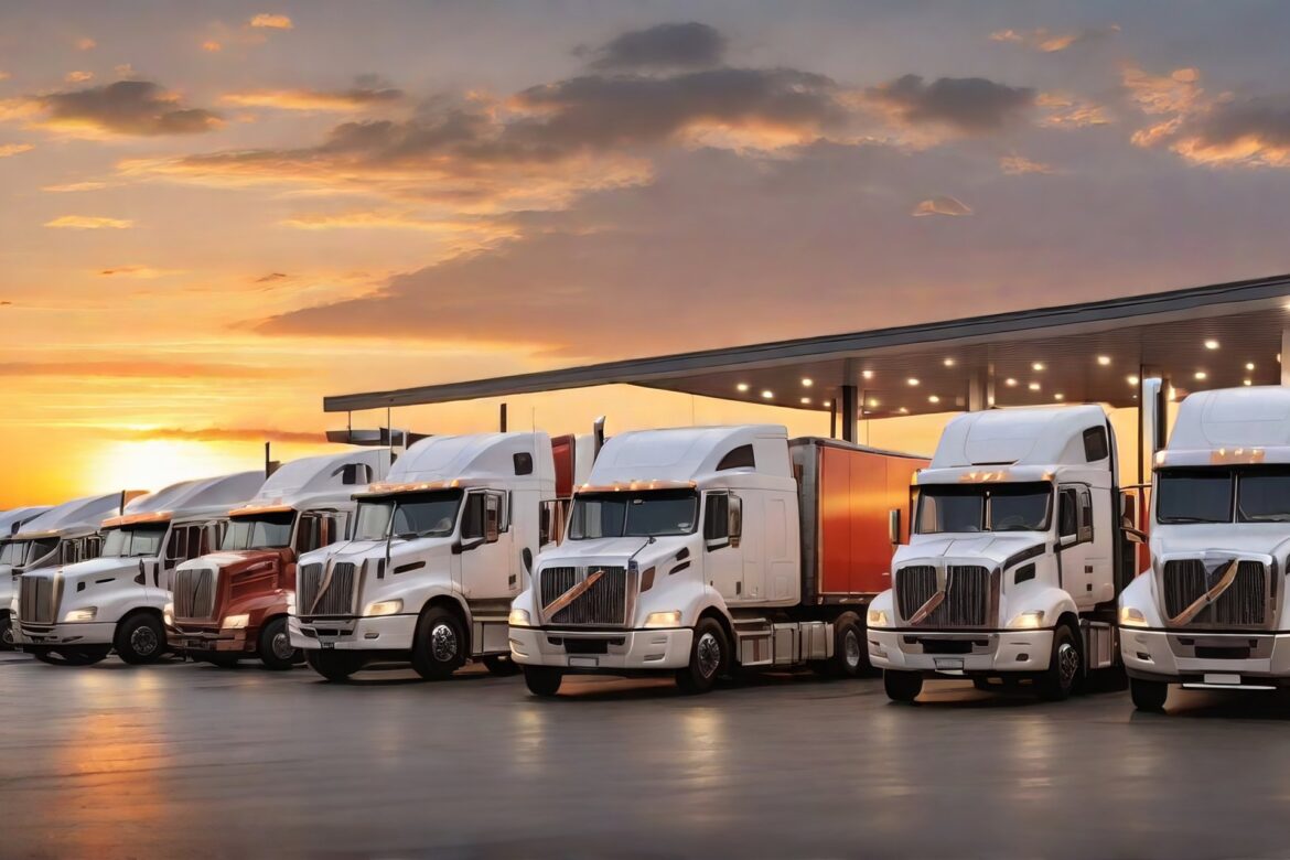 many-transport-trucks-are-parked-service-station-sunset