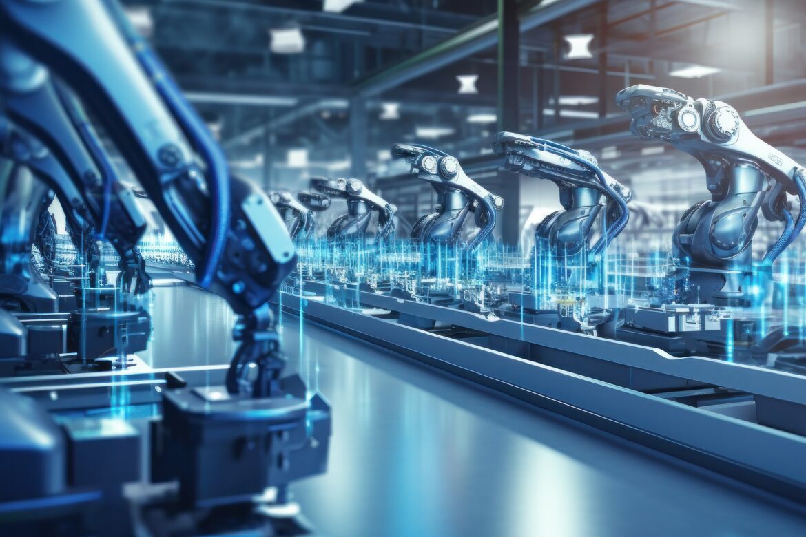 Smart industrial robot arms demonstrating automated manufacturin