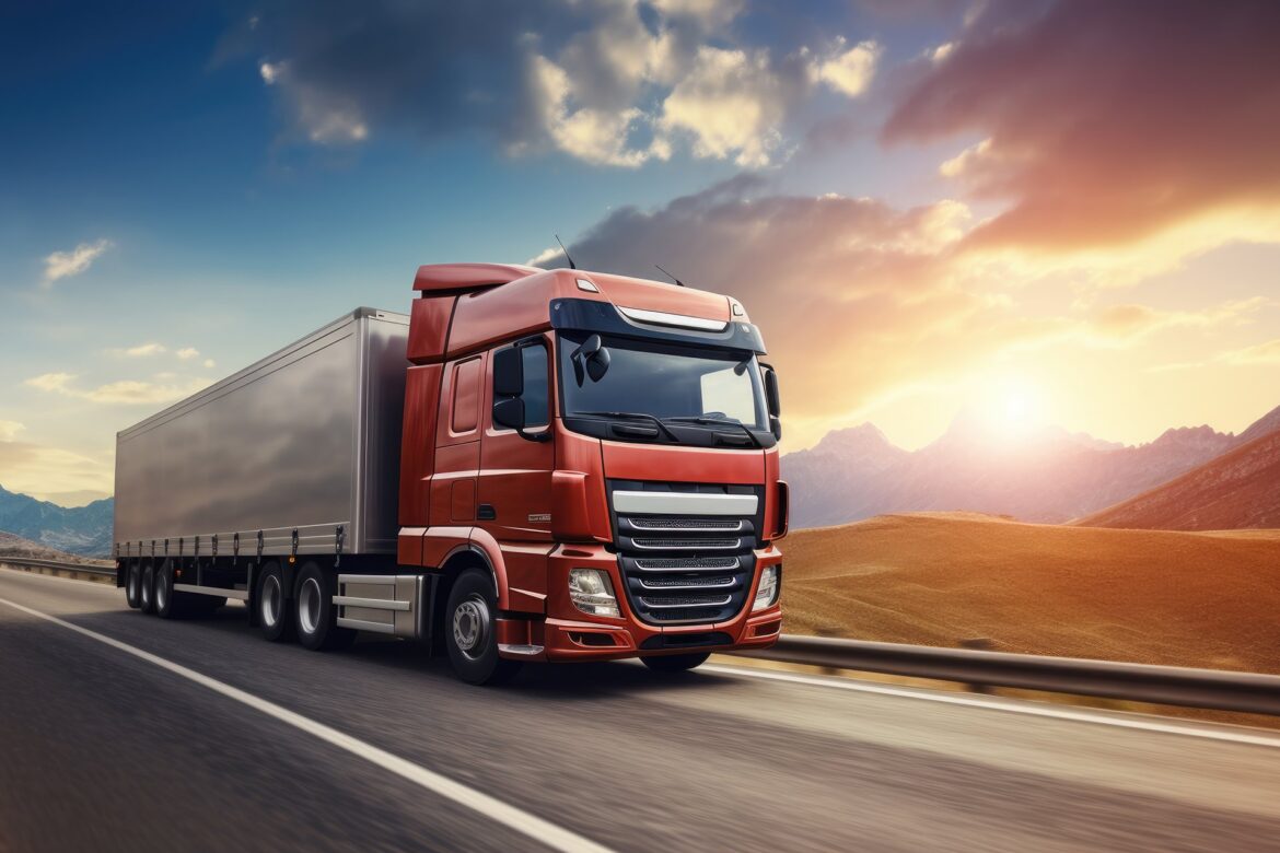 Truck driving on the asphalt road in rural landscape at sunset.Created with Generative AI technology.